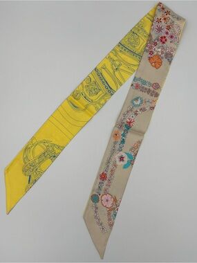 Hermes Brides de Gala en Fleurs Twilly Scarf Tan Yellow Floral Harness